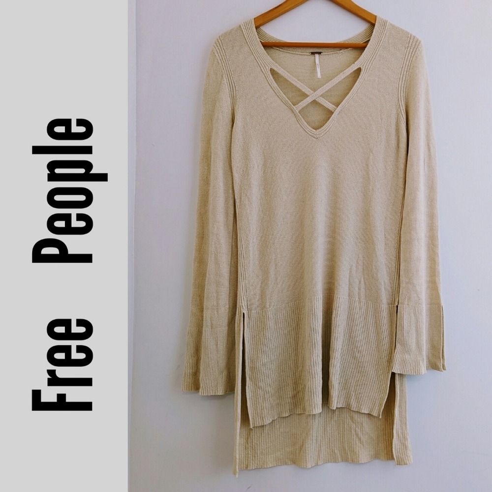 Free People Criss Cross Knit Sweater Ivory Cream Size Large $98